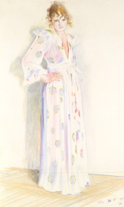 Pic 7 CAPTION Celia Birtwell posed in the dress for artist David Hockney to produce an illustration for Ossie Clarks show invite in the 1970s