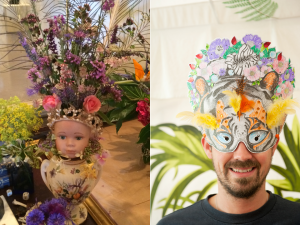 Mask-making in the Anthropologie tent, and a floral display. © Fiona Campbell