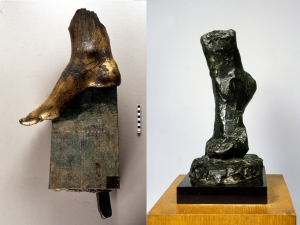 Left:  Right foot in gilt bronze belonging to a Nike  (2nd Century BC), from the Forum of Augustus Courtesy of Archivio del Museo dei Fori Imperiali. © Stefano Castellani.  Right: Henri Matisse, Etude de pied (c 1909) © Succession H. Matisse c/o Pictoright Amsterdam 2010