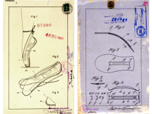 Patent applications: left,Toe shoe with sole featuring a tapered edge glued to the sides of the upper and reinforcing the toe. Right, Arch reinforcement system for shoe soles. As a result of his research, Ferragamo invented the revolutionary steel shank, which supported the plantar arch, enabling the foot to move like an inverted pendulum. The shank, which he patented in 1929, was one of his most important inventions and is still used in the brand’s shoes. © Rome, Central Government Archives.