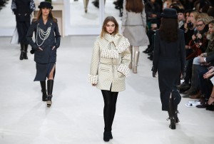 US model Gigi Hadid presents a creation for Chanel during the 2016-2017 fall/winter ready-to-wear collection fashion show on March 8, 2016 in Paris.  AFP PHOTO / PATRICK KOVARIK / AFP / Patrick KOVARIK        (Photo credit should read PATRICK KOVARIK/AFP/Getty Images)